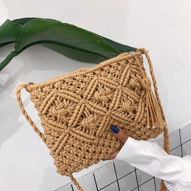 Einfache handgemachte Baumwolle Seil Stroh Frauen Handtaschen Vintage Quasten häkeln Makramee Strand taschen Clutch Geldbörsen und Handtaschen Damen