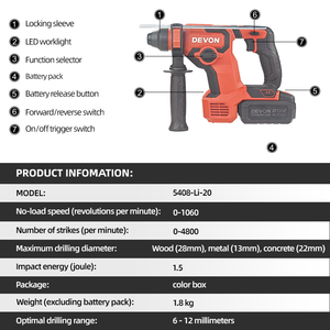 DEVON 5408-Li-20 Rotomartillo Eléctrico a Batería de Iones de Litio de 20V <span class=keywords><strong>Taladro</strong></span> Inalámbrico <span class=keywords><strong>Taladro</strong></span> de Impacto Inalámbrico con Martillo - Product Image 2