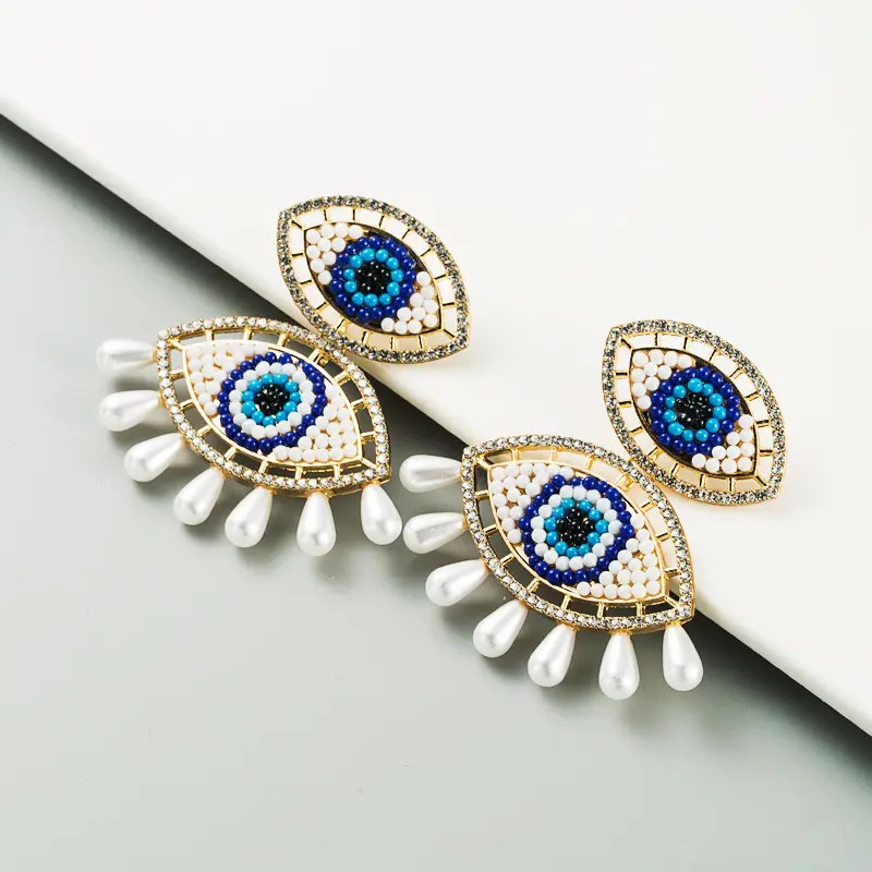 Vintage Style White Blue Beads Eyes Pearls Drop Earrings Double Micro Crystal Rhinestone Evil Eyes Earring For Women