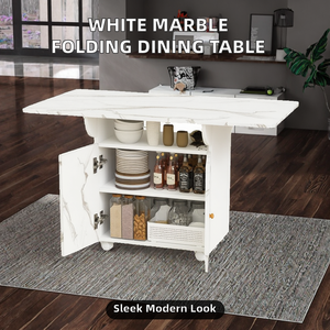 Modern <b>White</b> Marble <b>Folding</b> Dining <b>Table</b> with Wood Legs and 6-Wheel Storage Cabinet for Entryway Dining Room Furniture - Product Image 2