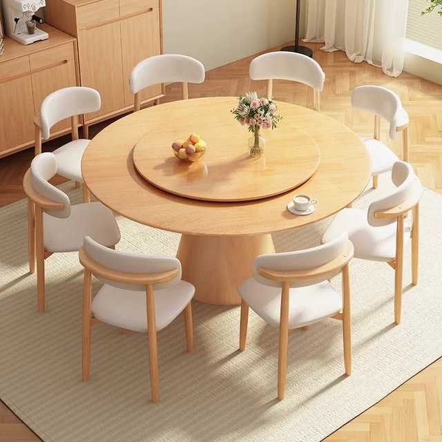 Wholesale Solid Wood Round Dining Table with Lazy Susan Durable Pedestal Base for High-End Chinese Restaurant VIP Room.