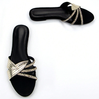 Sandales plates de haute qualité pour femmes, élégantes, avec appliques en feuilles d'or, chaîne en strass, sandales plates à enfiler, mules plates douces pour femmes