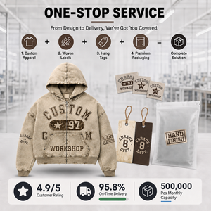 Sudadera con capucha gráfica beige vintage con lavado ácido, corte cropped, cremallera completa, efecto desgastado, apliques y estampados en las mangas, estilo streetwear, venta al por mayor, sudadera con capucha personalizada para hombre - Product Image 3