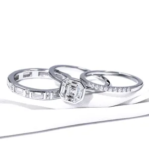 Tianyu Bridal Jewelry Stacking Bezel 18K Gold Filled 2CT Asscher Cut Diamond Moissanite Silver Engagement Wedding Rings Set
