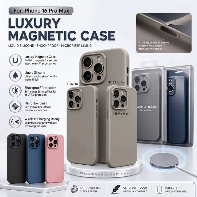 Premium Soft Matte Magnetic Liquid Silicone Pure Color Shockproof Phone Cover for 16 Pro Max Anti Scratch Slim Fit