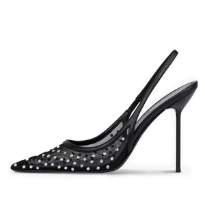 Sandalias de malla transpirable sexys para mujer con tira trasera, tacones altos y delgados, zapatos de tacón de aguja con pequeños diamantes de imitación, estilo slingback para vestir - Product Image 4