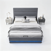 Cadre de lit moderne rembourré en lin avec vérin à gaz, éclairage d'ambiance LED et sommier à lattes, disponible en tailles King et Queen, mobilier de chambre