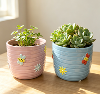 Pot de fleurs en céramique émaillée bleu rayé avec motif nid d'abeille de 4,75 pouces pour plantes d'intérieur, succulentes, herbes et fleurs, pour jardin intérieur ou extérieur