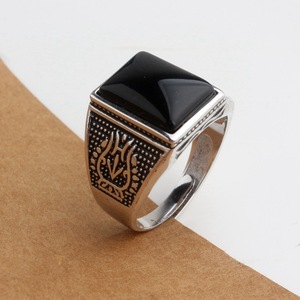 Bijoux turcs en Zircon noir pour hommes, bague en cristal pierre d'agate, argent légère, style Vintage, tendance - Product Image 3