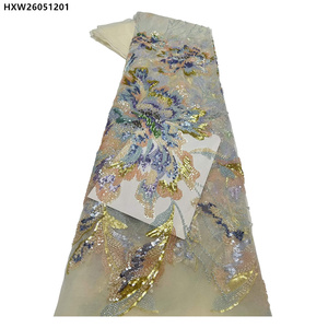 Nueva Tela de Encaje Francés con Lentejuelas y Flores Bordadas, Tela de Encaje Floral con Cuentas de Lujo - Product Image 3