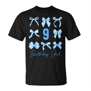 Camiseta para niña de 9 años con lazo azul y estética de cumpleaños - Product Image 2