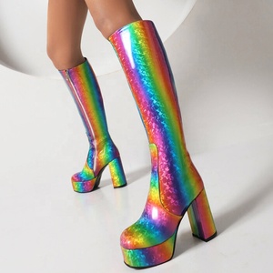 Bright Patent High Block Heel Shoes Women Prints Long Booties Square Toe Platform Knee-High Booties - Product Image 2