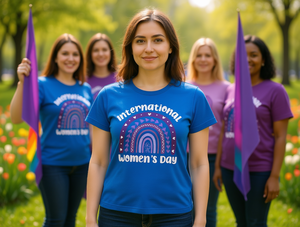 Maglietta per la Giornata Internazionale della Donna, T-Shirt in Cotone a Vestibilità Regolare con Stampa Arcobaleno Viola, Abbigliamento Casual Primavera-Estate - Product Image 2