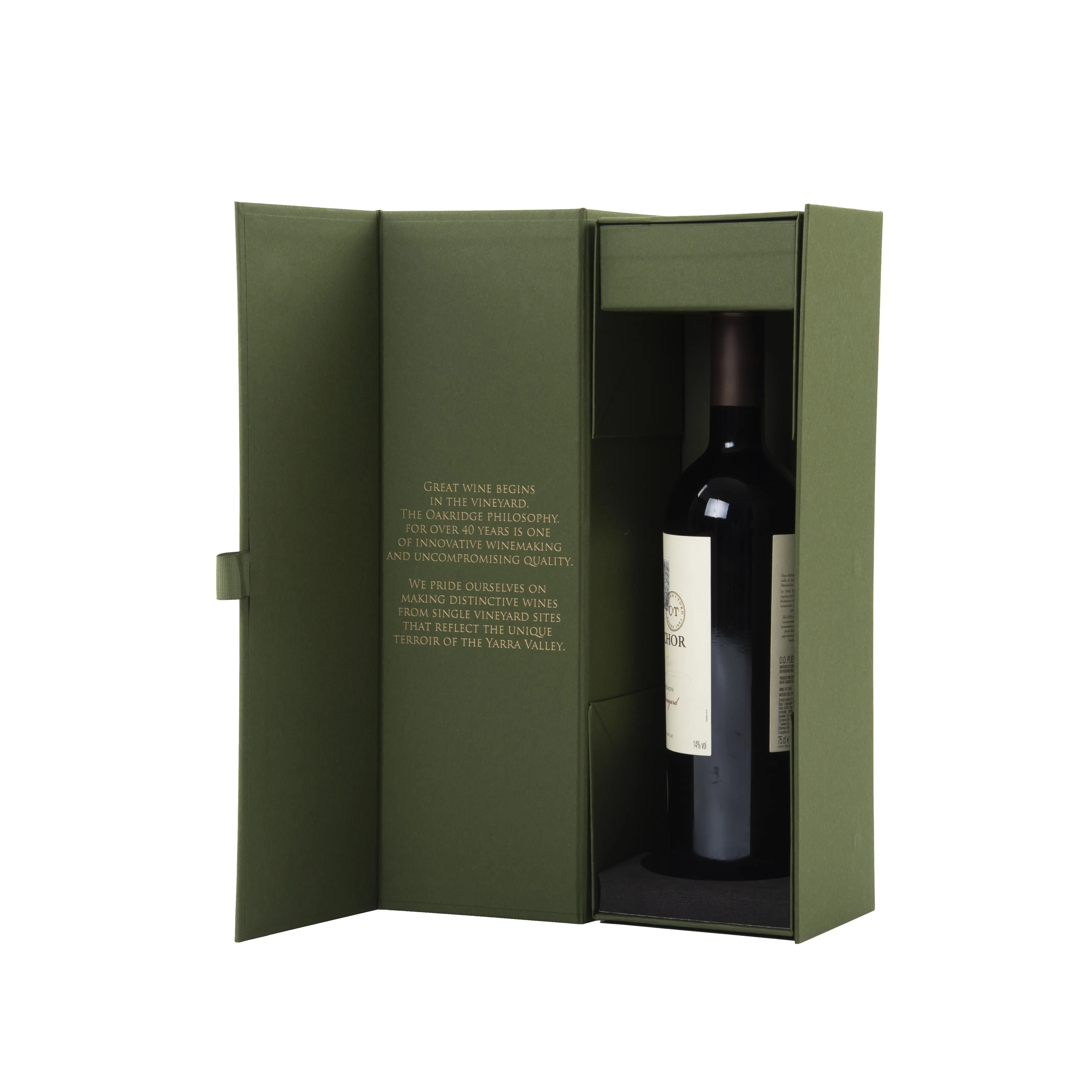 Boîte-cadeau en lin vert de luxe personnalisée boîte à double porte avec blister 1 pièces bouteille en verre pour boîtes d'emballage de vin
