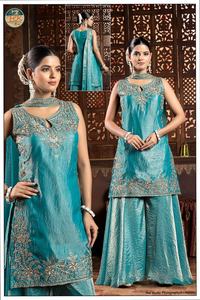 Costume Sharara brodé bleu sarcelle pour femmes, tenue traditionnelle indienne pour mariage, fête festive, avec dupatta - Product Image 2