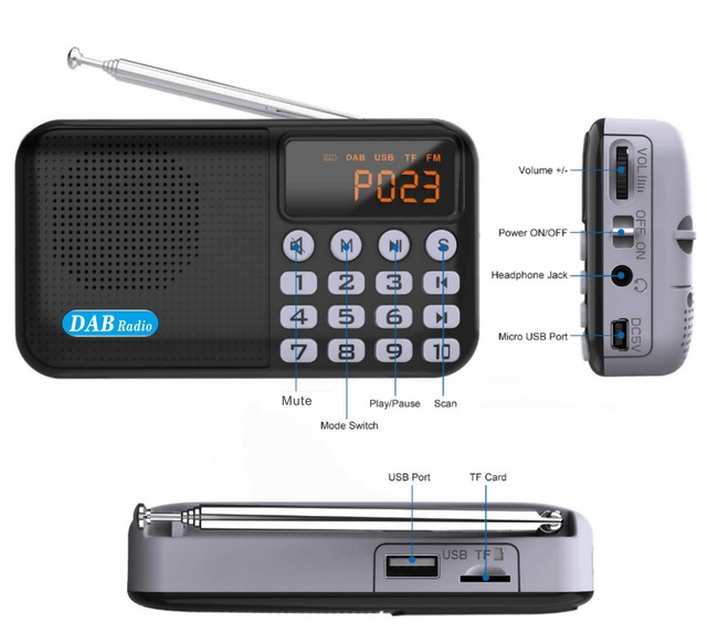 Portable DAB/DAB+ FM Radio with for Speaker SD/TF Card/USB Player LED Display 3W Output Rechargeable Battery