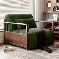 Canapé-lit rétro vert en velours côtelé convertible multifonctionnel, fauteuil inclinable en bois massif pour salon et chambre à coucher