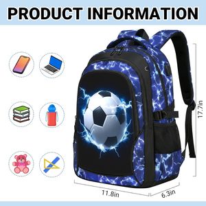 <span class=keywords><strong>Sac</strong></span> à <span class=keywords><strong>dos</strong></span> scolaire de <span class=keywords><strong>football</strong></span> pour garçons 18 pouces grande capacité en cuir microfibre imperméable avec port de chargement USB et fermeture éclair, bretelles - Product Image 2