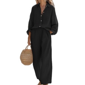 Women's Casual <b>Linen</b> Suit <b>Set</b> Long Sleeve Shirt And Trousers Solid Color S M L XL XXL XXXL For Europe And America - Product Image 5