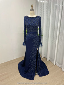 DXM008B eleganti barchetta abiti formali musulmani da <span class=keywords><strong>sera</strong></span> per le donne <span class=keywords><strong>madre</strong></span> sposa perle piume maniche lunghe fino al pavimento - Product Image 1