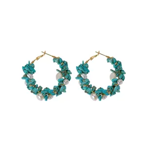 Bohemia Style Pearls Accessories Irregular Turquoise Natural Stone Fashion Jewelry Hoop Earrings For Women