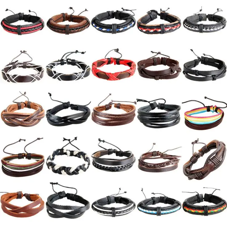 Wholesale Mixed Braided Multilayer Genuine Cuff Wrap Adjustable Leather Bracelets For Men