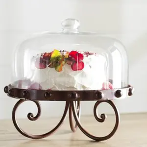 Suporte de bolo feito à mão, suporte de metal para bolo com tampa de vidro