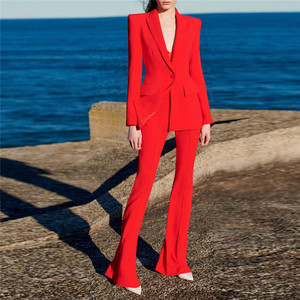 A4424 <span class=keywords><strong>pantaloni</strong></span> a due pezzi con bottone singolo scollo a V rosso abiti donna abbigliamento natalizio abito da donna - Product Image 1