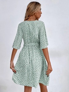 Nuevo Vestido Casual Corto con Estampado Floral, Cuello en V, Volantes, Media Manga y Cinturón para Mujer - Product Image 5