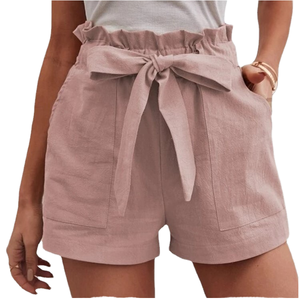 Pantalones Cortos de Lino Tejido Ecológico, Transpirables, de Cintura Alta Elástica, Color Sólido, Diseño Nuevo, Casuales, para Mujer - Product Image 1
