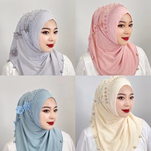 Malay <strong>Women's</strong> Elastic Solid Color Headscarf Cap Beaded Nailed Flower Shawl Cotton Ethnic Cap Winter Logo Available Cross-Border - Product Image 1