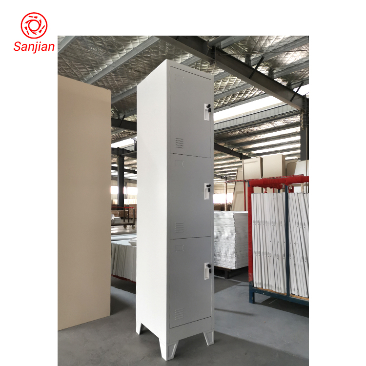 Sanjian lockable KD customized grey vertical 3 door metal locker clothes storage steel cabinet locker with standing foot