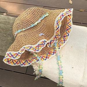 Sombrero de paja de encaje colorido con ala ancha, plegable, protección solar, sombrero de playa para mujer, estilo Y2K de verano - Product Image 3