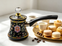 Cafetière turque Cezve en émail floral vintage noir avec couvercle, poignée résistante à la chaleur, ibrik pour cuisinière, cafetière arabe