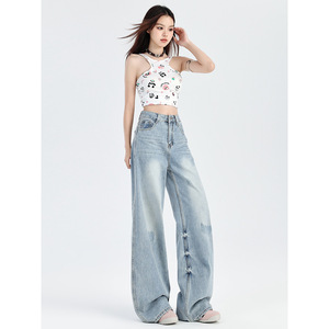 ฤดูใบไม้ผลิ2025กางเกงยีนส์ขาดสีฟ้าอ่อนของผู้หญิงเอวสูงเข้ารูปกางเกงขากว้างความยาวถึงพื้นขนาดเล็กเอวสูงตกแต่งโบว์ - Product Image 3