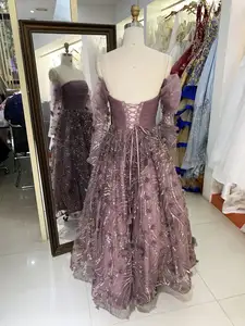 Wholesale Mauve Long Puff Sleeve Tulle Pleated Beading A Line Zipper Up Back Long Gown Evening Prom Dress 2025
