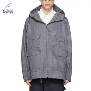 YuFan Custom Polyester Cotton Blend Canvas Parka Check Pattern Printed Throughout Jacket Hooded Windproof Loose Coat