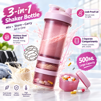 Bouteille shaker protéiné 3 couches 500 ml avec compartiment de rangement pour pilules et poudre, boule mélangeuse, pour fitness et gym, vente en gros