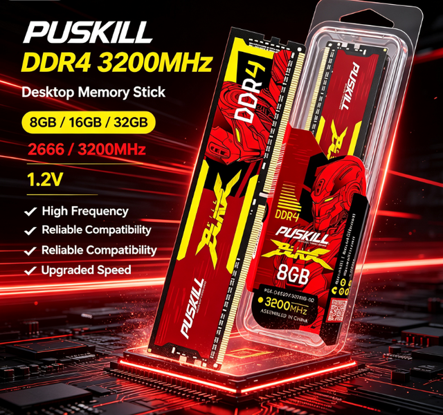 PUSKILL Desktop RAM ModuleDDR4 3200MHz CL22 High‑Speed Broad Compatibility for PC Performance Upgrade Gaming RAM