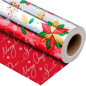 Floral Christmas Wrapping <b>Paper</b> <b>Rolls</b> 17 Inch X 33 Feet Silver Metallic Poinsettias Holly Berries Gift Craft Packaging - Product Image 1