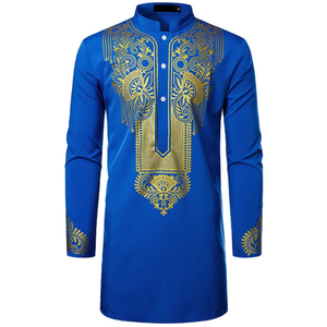 Camicie nere Dashiki stampate tradizionali africane con bottone blu personalizzate per gli uomini - Product Image 2