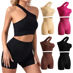 Short de Yoga pour femmes, vêtements de Fitness et de Yoga, épaules inclinées, soutien-gorge de sport, ensembles de Fitness, vente en gros, 2 pièces