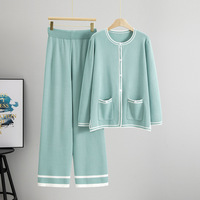 Ensemble pull cardigan tricoté pour femme automne, anti-plis, en nylon/coton, style décontracté, avec pantalon large tendance et rajeunissant