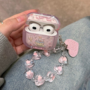 Adecuado para AirPods Pro 2nd Gen 2nd y 3rd Gen Transparente Cute Teacup Bunny con colgante de corazón Funda protectora para auriculares - Product Image 1
