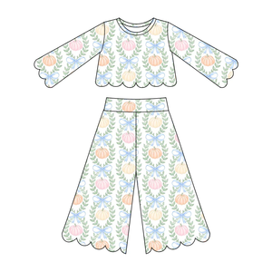 Pre-ordenar Conjunto de 2 Piezas para Niñas con Estampado de Halloween de Otoño, Lindo Conjunto de Pantalones de Pierna Ancha con Ribete Festoneado y Manga Larga, Ropa de Moda - Product Image 5