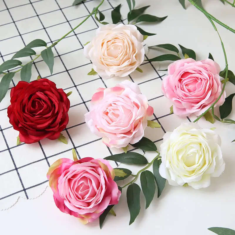 Grandes têtes de fleurs artificielles en soie colorée, vente en gros, fleur artificielle de Rose pour décoration de mariage, nouvelle collection