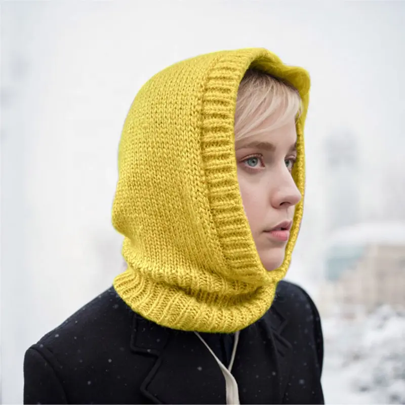 Klasik nervürlü örme kaput eşarp şapka kalın Coldproof Balaclava bere açık bisiklet boyun tozluk kadınlar kızlar için sonbahar kış