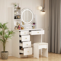 Table de maquillage moderne au design simple avec miroir LED rond lumineux en chêne, avec siège et tiroir, pour chambre d'hôtel
