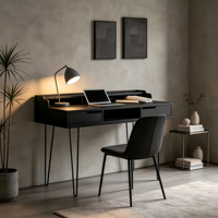 Bureau d'ordinateur moderne en MDF avec pieds en forme d'épingles de 115 cm de large, chargement sans fil, 2 tiroirs et gestion des câbles, idéal pour usage industriel, loft ou domestique