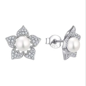 Joyería elegante para mujer, pendientes de tuerca de flor de Plata de Ley 925 con <span class=keywords><strong>centro</strong></span> de perla y circón pavimentado - Product Image 1